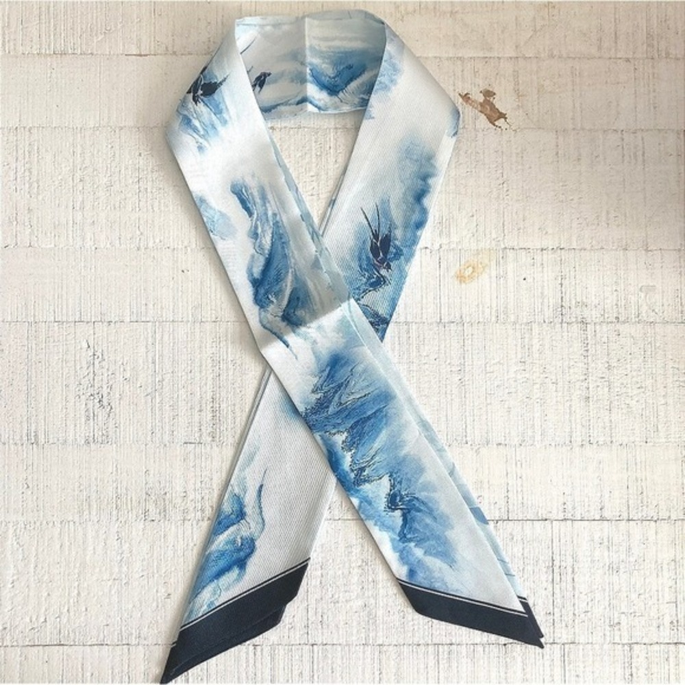 Twilly purse bag 2 pcs skinny scarf set Blue white bird Art Satin Coastal Charm